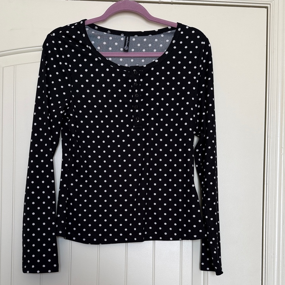 Women's Black Polka Dot Long-Sleeve Henley Top - Size L - Never Worn